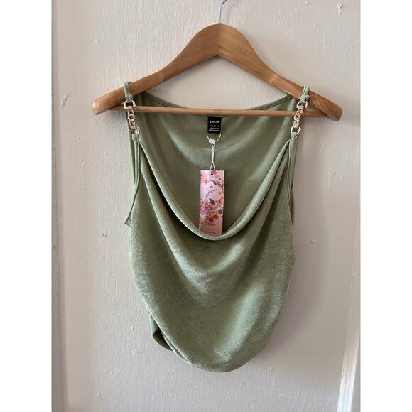SHEIN Tops - NWT SHEIN Green Satin Slinky Tank Top Gold Hardware Going Out Clubbing | L